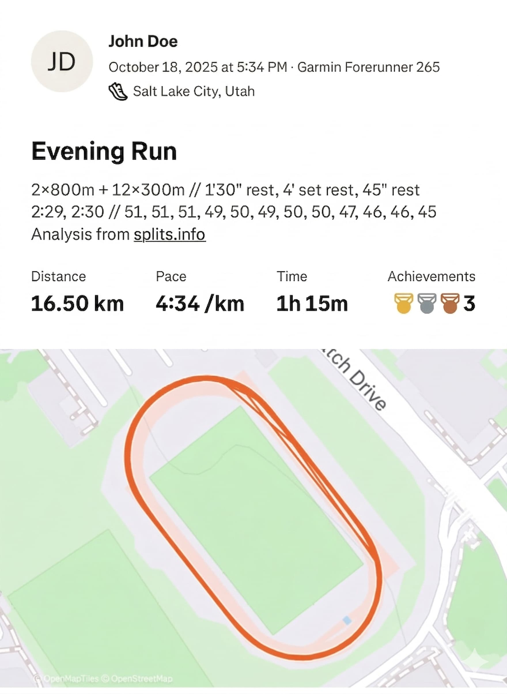 Sample Strava activity with splits.info description